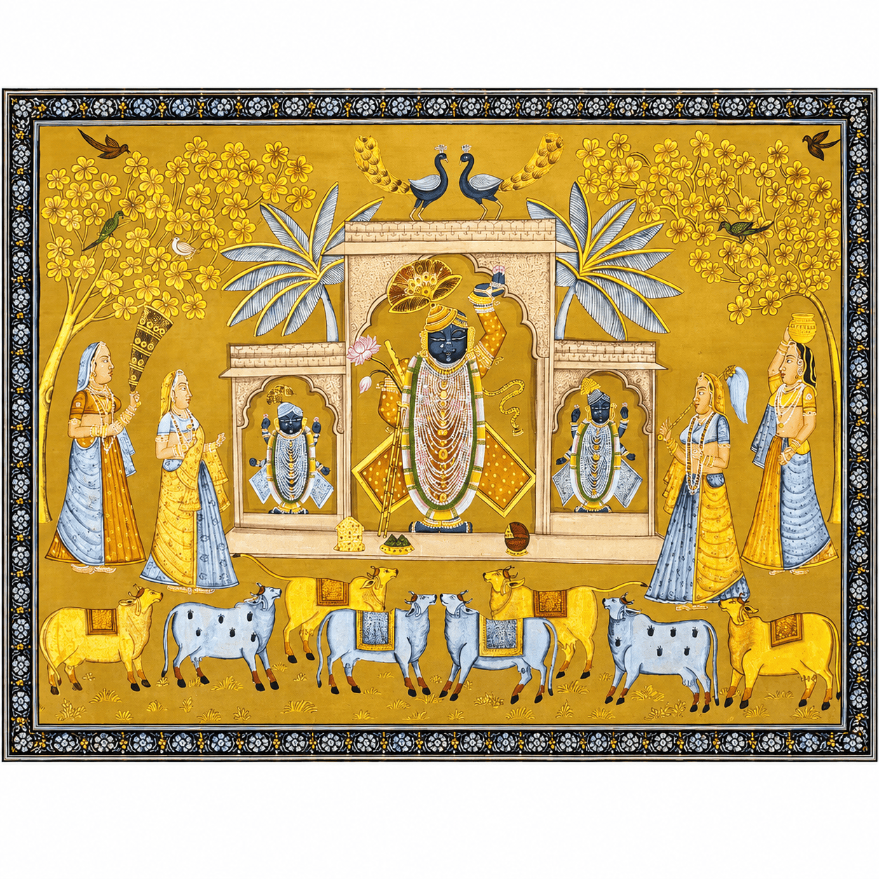 Shrinathji Pichwai Painting with Cows and Peacocks – Handmade
